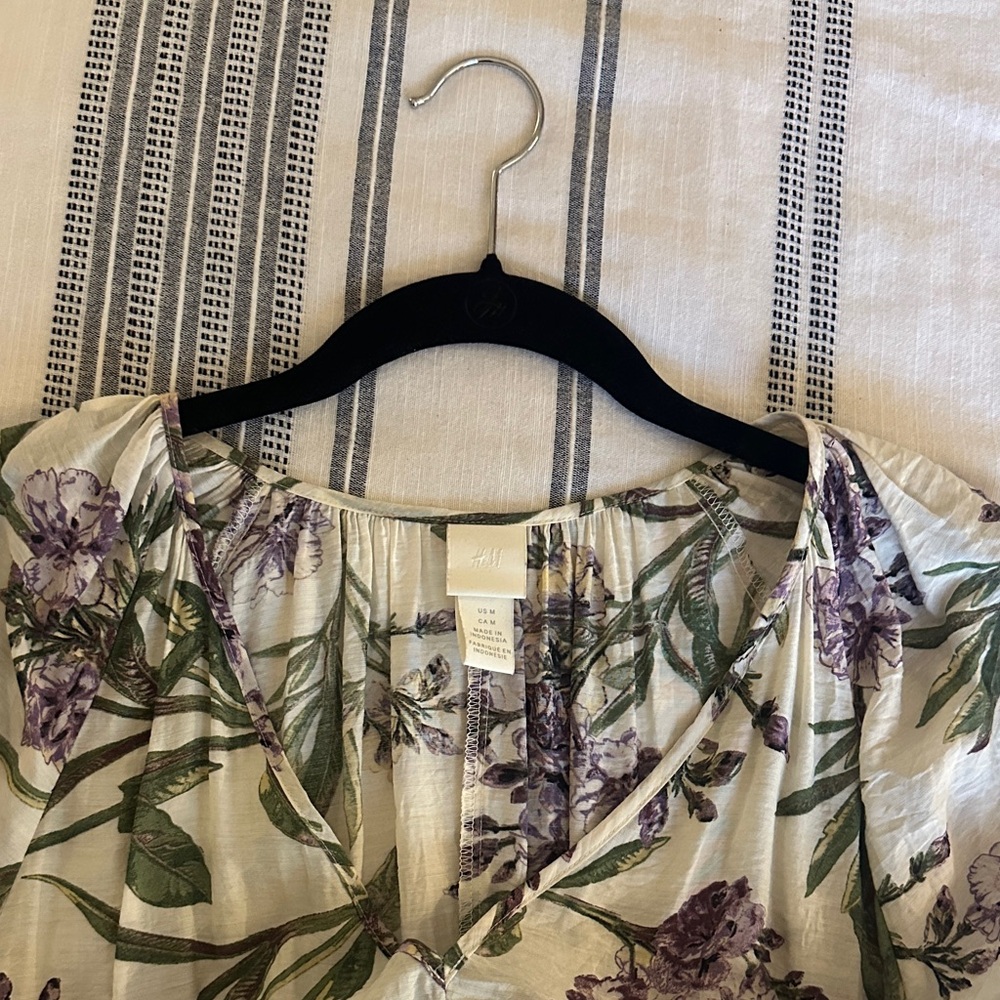 H&M Cream Mini Dress with Purple Floral & Green Leaf Print